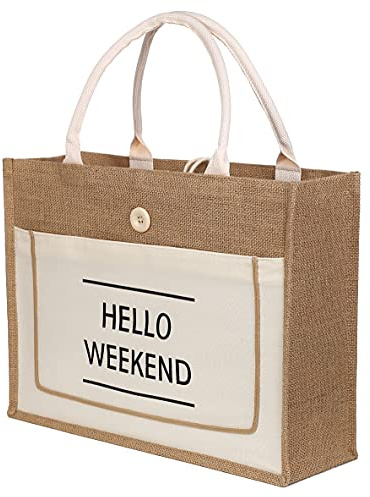Bolsa de playa de yute tejida de paja grande playa bolsa de mano tejida hecha a mano de tejido bolso impermeable, beige (Beige), Large
