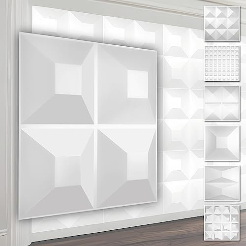 Panneaux muraux 3D en PVC - Revêtement mural blanc avec optique 3D - motifs pyramidaux (0.25QM paquet économique HD024-1 50x50cm) Panneaux pour pièces humides Gaming
