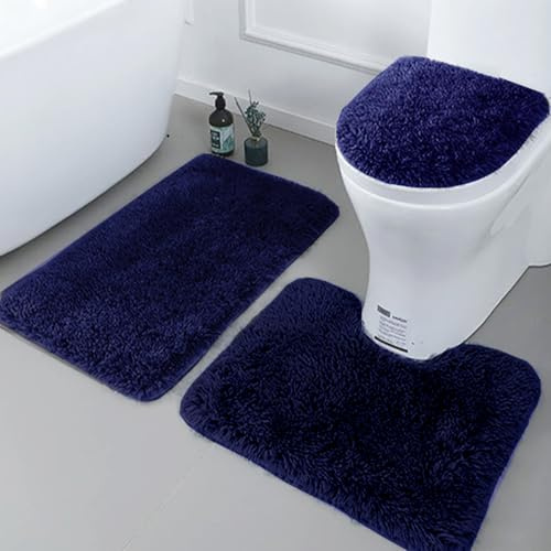 SCVBLJS Soft Microfiber Bathroom Rugs Sets 3 Piece, Non-Slip Bathroom Rugs with PVC Point Flannel Backing, Bath Mat + Pedestal Mat + Toilet Seat Cover, solid navy blue