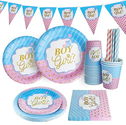 Bymivofun 81 Pezzi Stoviglie Rivelazione di Genere, per 16 Ospiti, Articoli per Feste in Carta Ragazzo o Ragazza, per Feste di Compleanno a Tema Bambini Baby Shower