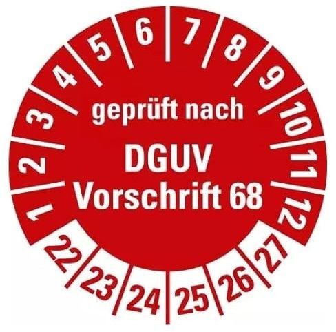 100 Stück – Mehrjahresprüfplakette „DGUV geprüft nach Vorschrift 68 | 22-27“ Etikett Folie Aufkleber, rot | Ø15-40mm Made in Germany, Größe: Ø30 mm