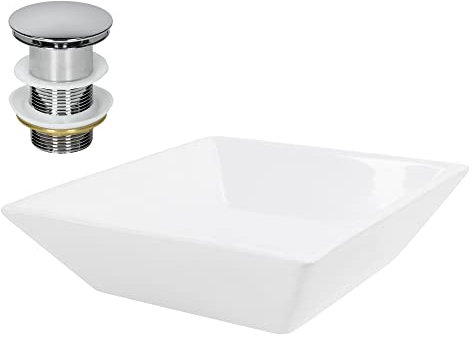 ML-Design Waschbecken aus Keramik in Weiß 41x41x12 cm Eckig inkl. Ablaufgarnitur, Moderne Aufsatzwaschbecken, Design Waschtisch Aufsatz-Waschschale Waschplatz Handwaschbecken, für Badezimmer/Gäste-WC