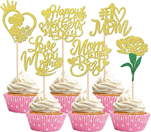 36 Stück Happy Mother's Day Tortendeko, Glitzer Herz #1 Mom Blume Love You Mom Cupcake Picks Kuchen Deko Cake Topper für Muttertag Theme Women Birthday Party Supplies Gold