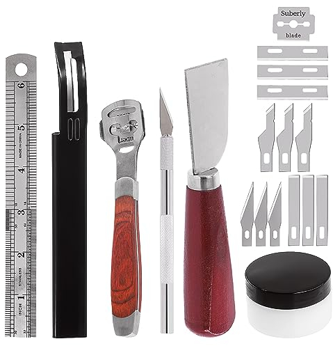Swpeet Juego de 22 cuchillas de metal y piel, incluye cuchillo de corte de piel, regla, cuchillo para tallar, herramienta de corte de cuero de cabeza pequeña, herramienta de skiver con hoja de