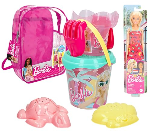 ColorBaby 77387 Barbie Set de Playa Infantil, Conjunto de Cubo de Playa con Pala, rastrillo, regadera y Accesorios, Mochila de Playa para niñas, Set Playa Infantil, Mochila con Juguetes