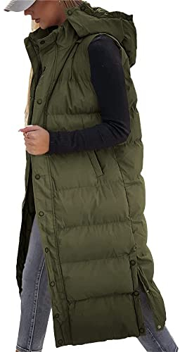 Tankaneo Damen Weste Gesteppte lange Steppweste mit Kapuze Langarm Button Down Puff Weste Baumwolle wattierte Jacke Wintermantel