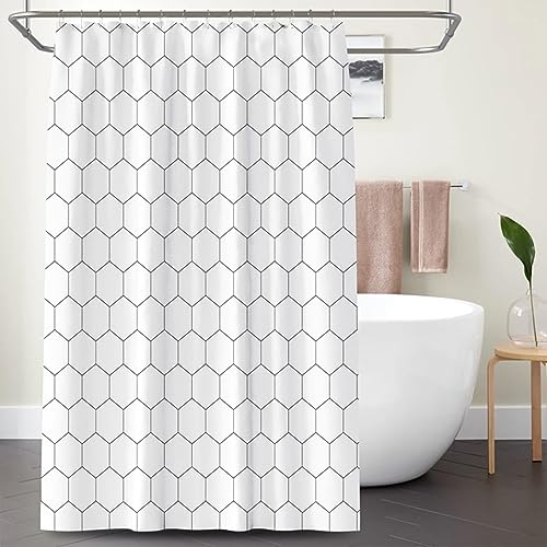 Lieson Badewannenvorhang 240x200CM Weiß, Polyester Antischimmel Duschvorhang Waschbar mit ÖSEN Geometrisch Sechseck Muster Vorhang Badezimmer mit Haken