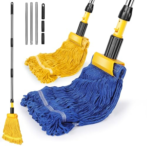 HEVOL Bodenwischer Wischmopp,Bodenwischer Set aus Baumwolle mit Edelstahlgriff und 2 Schnur-Moppköpfen,Wischer Boden,Nassmopp mit Schlaufenenden für Hartholz, Laminat, Fliesen