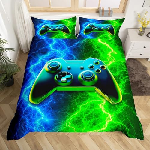 Modern Gamer Duvet Cover Set Double Size, Blue-Green Lightning Gamepad Comforter Cover with 2 Pillowcases, Video Games Bedding Set 3pcs for Kids Boy Room Decor Gaming Reversible Bedspread Cover