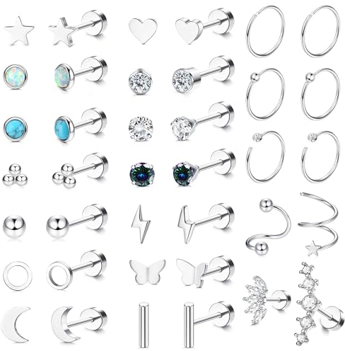 JeweBella 19Pairs Kleine Ohrringe Chirurgenstahl Damen Knorpel Helix Piercings Ohrstecker Hypoallergen CZ Stern Mond Flatback Ohrringe Set Creolen Silber Piercing Ohrstecker für Mehrere Ohrlöcher