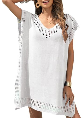 Cozyan Mujer Suelto Vestido de Playa V Cuello Gasa Camisolas y Pareos con Borla Ropa de Baño de Playa Vestido de Playa para Mujer Cuello en V con Bolsillos Suelto Ropa de Baño Playa