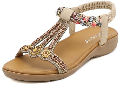 Meik Mangni Femmes Sandales Mode Bohême Plates été Strass Bout Ouvert Sandales Confortables Chaussures Tongs de Plage C Beige 42 EU