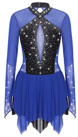 iEFiEL Glitzer Eiskunstlauf Kleid Damen Langarm Kürkleid Strasssteine Rollkunstlaufkleid Leotard Tanzanzug Wettbewerb Tanzkostüm Xb Blau XXL
