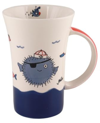 Mila Keramik-Becher Coffee-Pot Tasse in XXL Moin Moin ca. 500 ml Kugelfisch U-Boot und Meereswellen für die Frühstücks-Pause & die Kaffee-Genuss-Zeit als Geschenk und fürs eigene Glück & Vergnügen