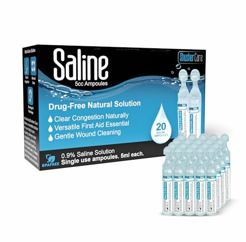 Shusher Care Saline Ampoules - Saline Solution, Sodium Chloride 0.9%, Nasal Cleanse for Babies, Kids, & Adults, Sterile Nasal Care, Wound Cleansing - 20 Count (5ml Each)
