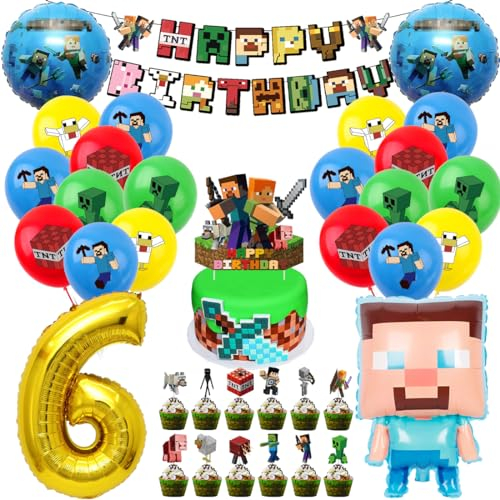 Pixel Kindergeburtstag Deko 6 Jahre, Luftballon 6. Geburtstagsdeko, 41 Stück Miner Gamer Geburtstag Party Deko, Jungen Folienballon Spiel Luftballon Happy Birthday Banner Cupcake Toppers