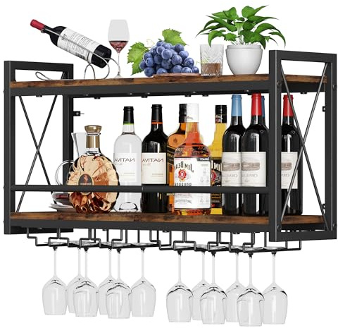 Homeiju Wandmontiertes Weinregal, Flaschen- und Glashalter, Holz, Metall, Retro-Weinregal, Weinflaschen-Display, Wandaufbewahrung für Küche, Esszimmer, Hausbar