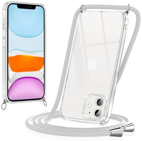 Coiwxmoi Funda con Cuerda para iPhone 11 6,1, Carcasa Transparente Suave Silicona TPU Antigolpes Antiarañazos Case con Correa Colgante Ajustable Collar Correa de Cuello Cadena Cordón, Gris
