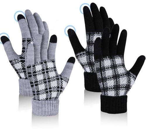 JFAN Handschuhe Damen Touchscreen Warme Strickhandschuhe Karierte Winter Thermohandschuhe 2 Paar für Skifahren Radfahren Outdoor(Schwarz+Hellgrau)