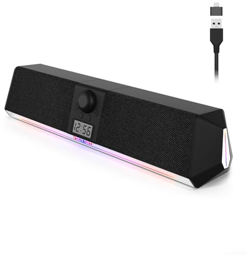 SOULION R80 Enceinte PC - Barre de Son avec Horloge LCD, Bluetooth 5.0, Lumières Colorées (5 Effets), Haut-Parleur Alimentation USB - Compatible PC/Portable/Smartphone/Tablette