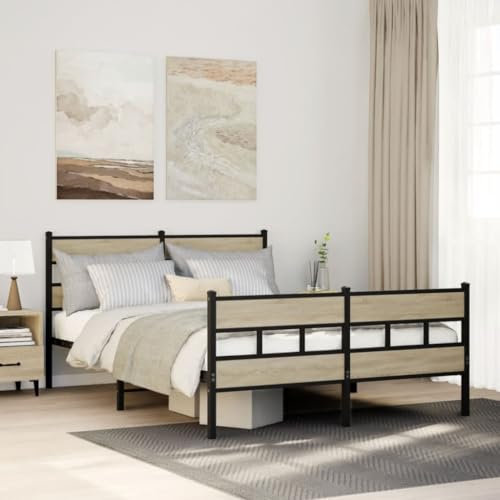 vidaXL Metal Double Bed Frame Sonoma Oak with Storage - 207x166x91.5 cm - Featuring Headboard & Footboard, Ideal for 160x200 cm Mattress