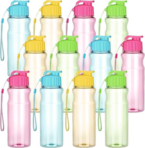 TESIN 12 Stück Kinder Trinkflasche Mehrpack, 500 ml Wiederverwendbare Wasserflasche, Sport Plastikwasserflaschen mit auslaufsicherem Klappdeckel und Trageband für Outdoor Sport, Reisen, Klassenzimmer