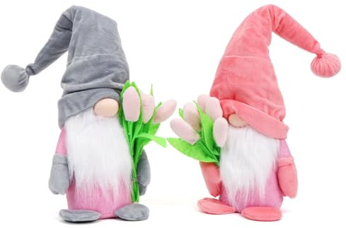 O-Kinee 2 Stück Wichtel Frühling mit Tulpen Blumensträuße Wichtel Figuren Frühlingdeko Süßer Frühlingswichtel Groß Frühling Wichtel Tulpen Geschenk für Frauen Mama Muttertag Deko Wichtel
