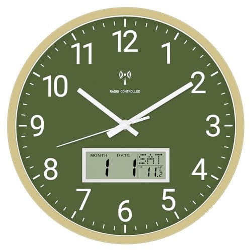 Foxtop Funk-Wanduhr Digital & Analog 30cm mit LCD-Anzeige – Digitale Funkuhr Wanduhr mit Temperatur, Datum, Wochentag Lautlose Küchenuhr für Wohnzimmer, Küche, Badezimmer- Green