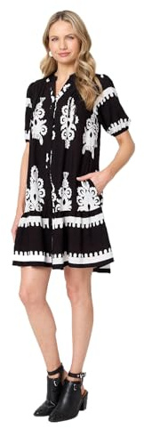 Izabel London Printed Lace Trim Relaxed Short Shirt Dress Made from 100% Viscose for Women UK with a v-Neck. Black