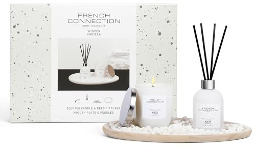 French Connection Home Fragrance Gift Set | Scented Candle & Reed Diffuser with Wooden Plate & Pebbles | Luxury Aromatherapy Set | (Vanilla)
