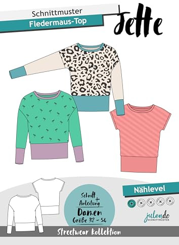 JULENDO Schnittmuster Fledermaus-Top Jette, Gr. 32-54 | Pullover, T-Shirt Papierschnittmuster für Damen mit Nähanleitung