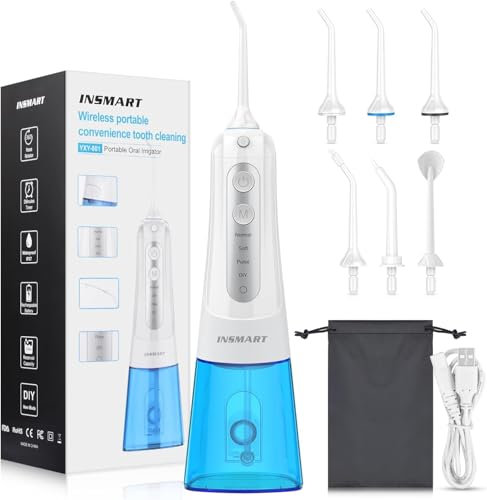 Cordless Water Dental Flosser Teeth Cleaner, INSMART Professional 300ML Tank DIY Mode Rechargeable Dental Oral Irrigator for Home and Travel, IPX7 Waterproof 6 Modes Irrigate Oral Care (White)