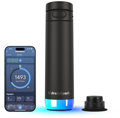 Hidrate Spark PRO 2 Smart Water Bottle – 621 ml Insulated Stainless Steel, Tracks Water Intake, Glows & Beeps for Drink Reminder, Bluetooth Sync to App, Chug Lid, BPA-Free, Black (with Apple Find My)