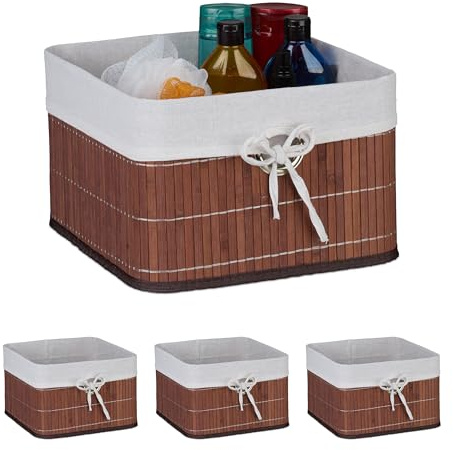 Relaxdays Aufbewahrungskorb 4er Set, Bambus, Stoffeinsatz, HBT: 20x31x31 cm, Körbchen Griffloch, Regalkorb, braun/weiß