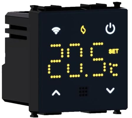 Cronotermostato Smart WiFi compatibile con BTicino Living, montaggio ad incasso, 2 moduli, touch screen LED, colore nero, funzionamento remoto con APP, alimentazione 220V 230V, caldaia, riscaldamento