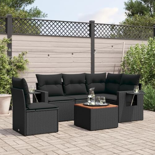 Hoopleep 6-TLG. Garten-Sofagarnitur Schwarz aus Poly Rattan mit Kissen, Outdoor Lounge Set für Terrasse, Balkon, Modulare Sitzgruppe für 2-3 Personen
