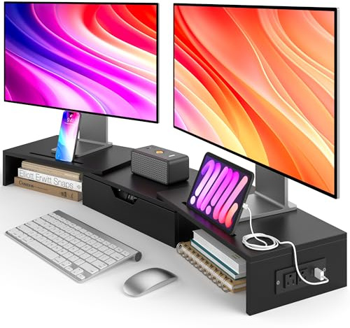 Elephance Dual Monitor Stand with USB Ports,Wood Computer Monitor Stand Riser with Drawer,Adjustable Desk Shelf,Desk Organizer for Computer,Laptop,No Assembly Required,Black