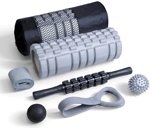 7-in-1 High Density Trigger Point Foam Roller Set with Muscle Roller Stick | Massage Ball | Spiky Ball | Resistance Band | Stretch Band | Full Body Recovery & Deep Tissue Massage