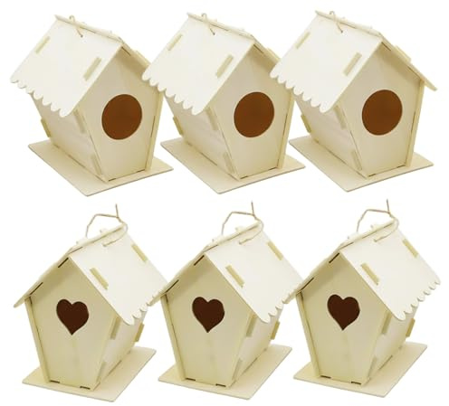 6-teiliges Vogelhaus-Set für Kinder – DIY unvollendete hölzerne Vogelhäuschen zum Bemalen mit hängenden Seilen, kreativer Ausdruck und Familienspaß, Vogelhaus-Set in Herz- und runden Formen