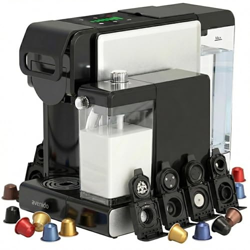avenido Kaffeemaschine, multikapsel-espressomaschine mit milchaufschäumer, 2850W leistung, 19 bar druck und 7 adapter, edelstahl