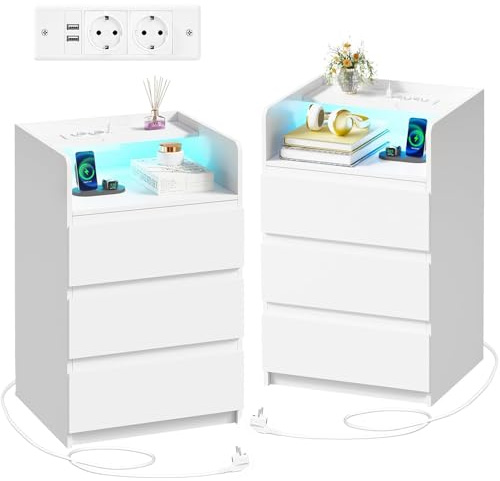 ANWBROAD Nachttisch mit Steckdose,Nachtschrank mit LED-Lichtleiste