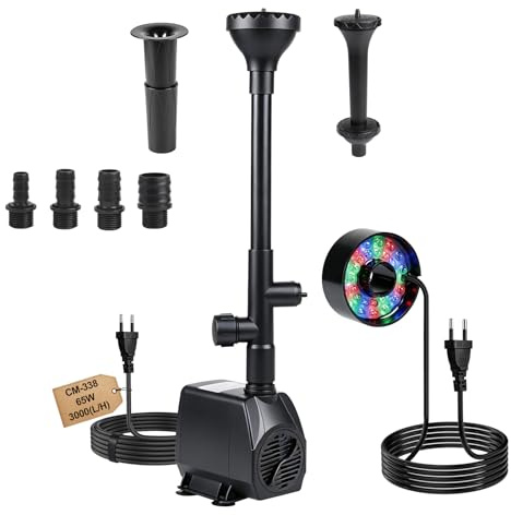 EXLECO Pompa Laghetto 3000L/H 65W con Filtro per Acquario, Fontana Stagno e Ruscello - 30 Lucine Colorate, 4 Ugelli, 3M Cavo, 3 Stili di Fontana