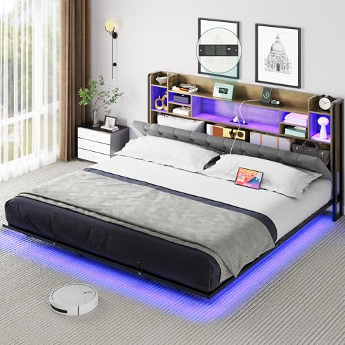 YITAHOME Bed Frame,LED with Headboard,USB Ports & Charging Outlets,Metal Platform Bed Frame with 2 Tiers Storage Shelves, No Box Spring Needed Super King Size Light Grey Color