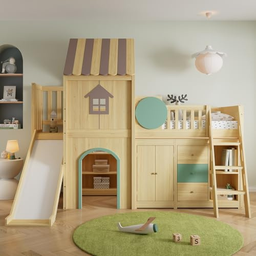 MAMAINI Letto a soppalco con scivolo, letto a castello, letto per bambini, design casalingo, scala a tre livelli, con ripiani, cassettiera e guardaroba, pino + MDF, naturale + verde, 90 x 200 cm