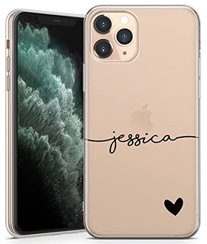 TULLUN Personalised Phone Case for iPhone 11 Pro Max - Clear Soft Gel Custom Cover Horizontal Colour Name & Heart Bottom Individual Style Initials Name Text - Black