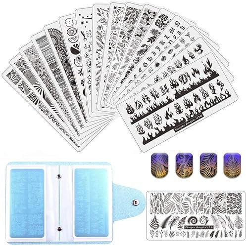 FingerAngel 16Pcs pcs Nail Stamping Kit Stamping Plates Tool Leaves Flowers Animal Image Stamp Templates Stamping Kit Nail Stamper Set with 2 Stamper + 2 Scraper + 1 Nail Plate Storage Bag V17-32