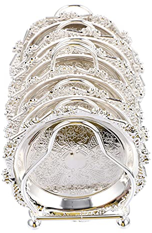 NUOBESTY 6pcs Gold Food Plates Fruit Dessert Snack Serving Dishes Party Dish Metal Food Tray with Storage Rack for Appetizer Candy Party Treat Silver