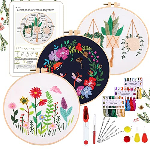 YINVA Anfänger Stickerei Set Stickerei Set, Blumenmuster Pflanzen Kreuzstich-Kit Starter Tools Kit mit 3 Stück Kunststoff-Stickrahmen, Farbfäden und Werkzeuge, für DIY Kunst, Handwerk, Nähen (Blau)