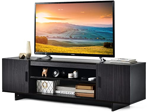 GIANTEX TV-Schrank TV-Board, Lowboard für Fernseher bis zu 65 Zoll, Fernsehschrank Fernsehtisch mit 2 offenen Ablagefächern & 2 Schranktüren, TV Kommode Holz, TV Lowboard Sideboard Dunkelgrau