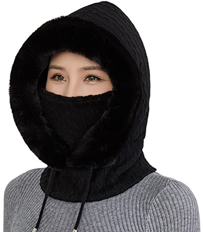 Damen Winter Mütze Schal Damen Warme Wintermütze mit Kunstpelz Bommel Sturmhaube Damen Gesichtsmaske Unisex Balaclava Skimütze Radfahren Mütze Schal Fleecefutter Warm Gefüttert für Outdoor Wintersport